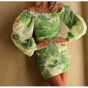 Sabo Berlyn Shirred Dress XS Moss Lily Green Floral Puff Sleeve Ruffle Mini Boho
